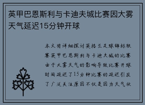 英甲巴恩斯利与卡迪夫城比赛因大雾天气延迟15分钟开球