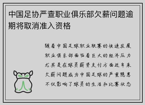 中国足协严查职业俱乐部欠薪问题逾期将取消准入资格 中国足协严查职业俱乐部欠薪问题逾期将取消准入资格