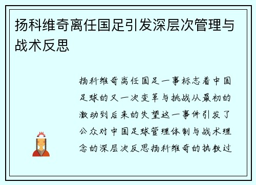 扬科维奇离任国足引发深层次管理与战术反思